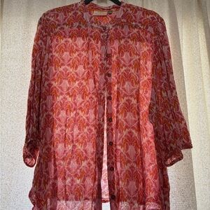 Anthropologie Sheer Printed Button-Up Top in Pink and Orange